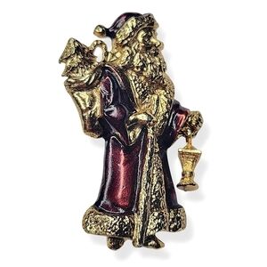 Vintage Signed USA Santa Gold Tone Christmas Articulated Enamel Brooch